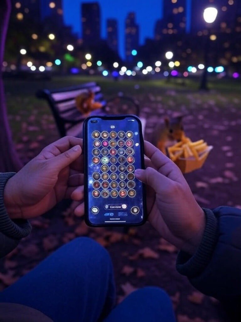Hands, phone word game, squirrel, fries, park bench