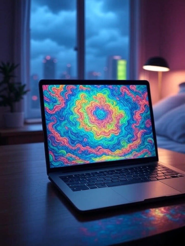 Laptop with psychedelic art, stormy Chicago sky view