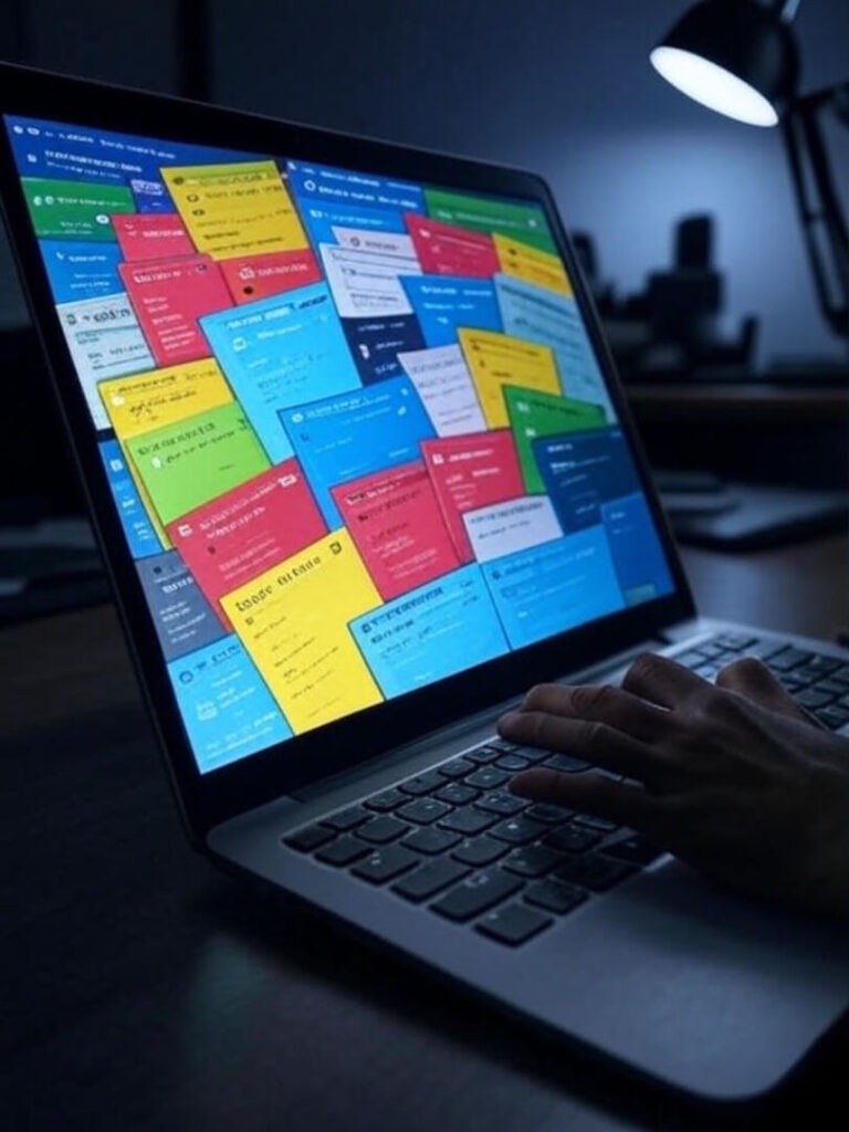 Crooked laptop, Trello boards, fumbling hand, chaos managed