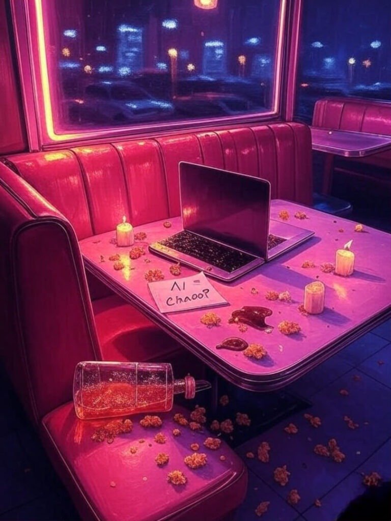 Chaotic diner booth, laptop, candles, spilled soda, AI note