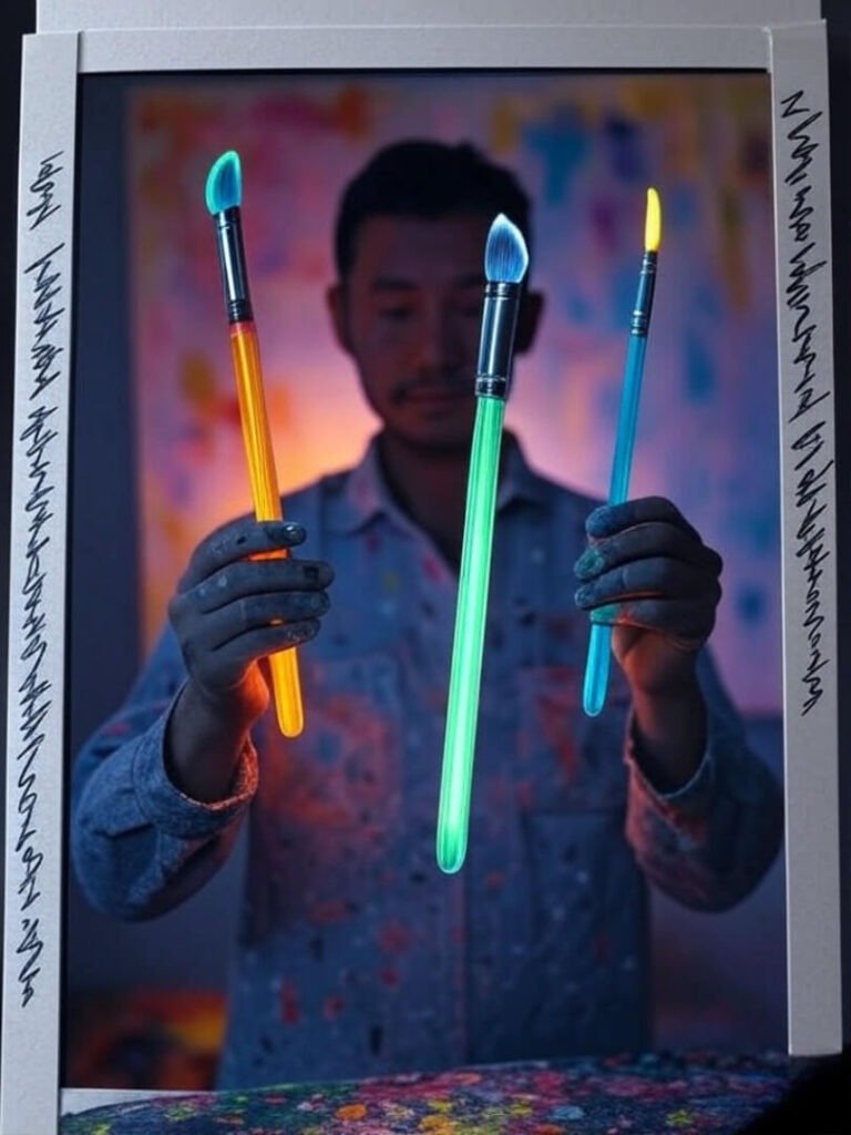 Faceless artist, neon brushes, Polaroid with messy notes