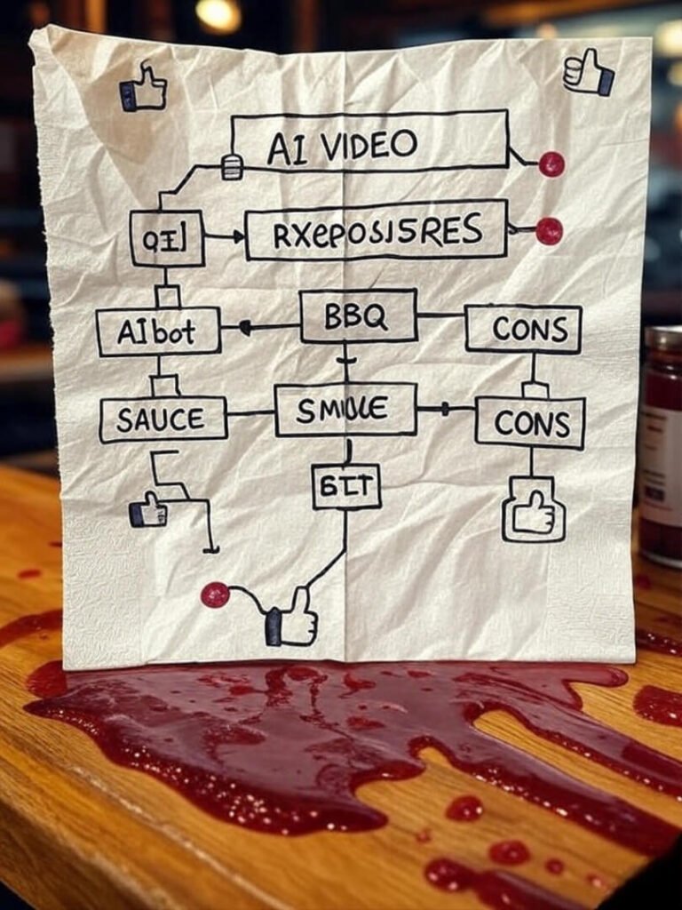 Crumpled napkin, AI flowchart, BBQ sauce mess