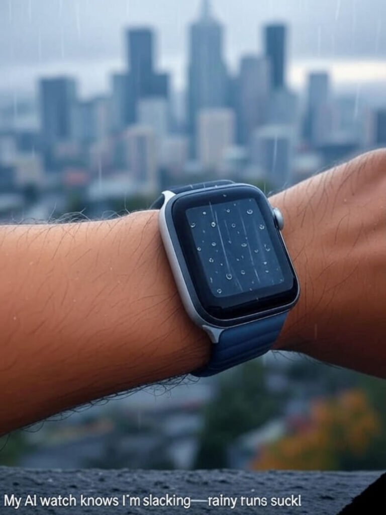 Watercolor wrist, glowing AI watch, rainy Seattle