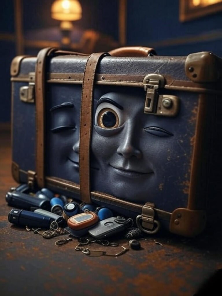 Winking suitcase with gadgets, bittersweet travel vibe