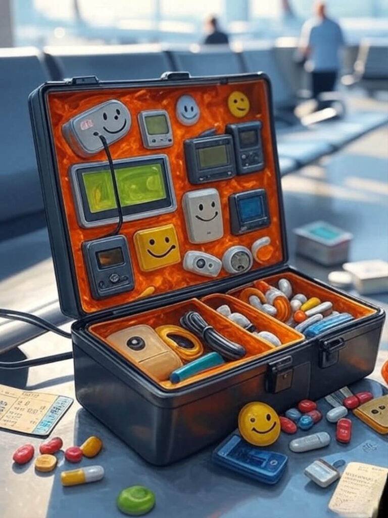 Smiley gadget chaos with pills on bench