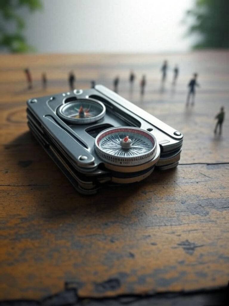 Multi-tool and compass on worn table with travelers