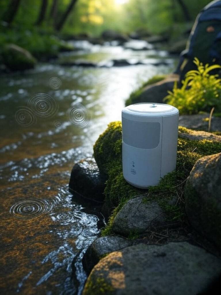 Rainy trail gadget lesson by muddy stream