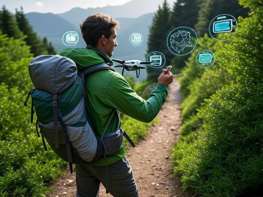 Backpacker with drone, maps, and batteries on trail
