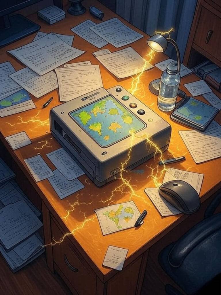 Frustrated adapter with maps and sparks on desk