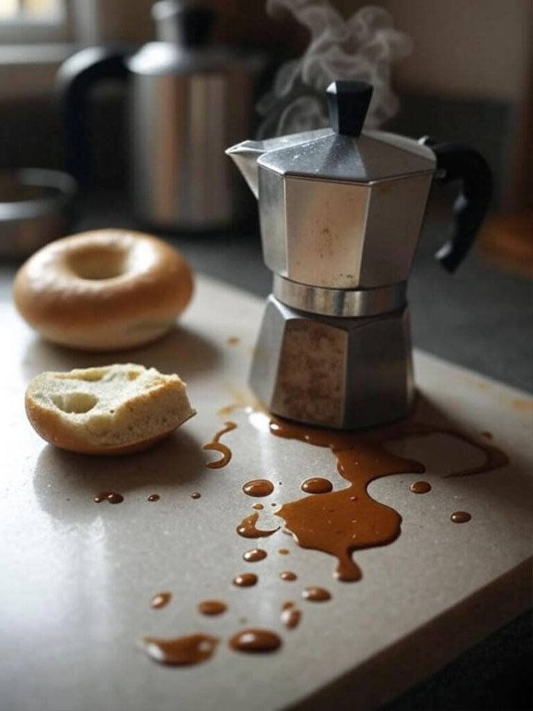Messy kitchen chaos with coffee and bagel
