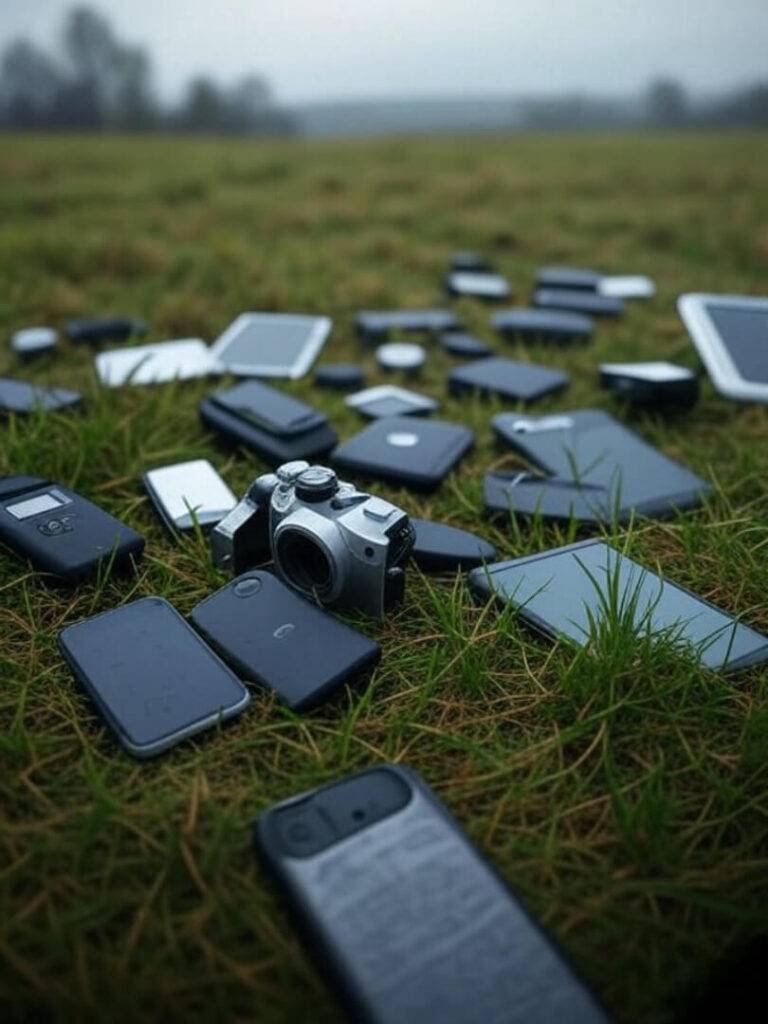 Muddy drop scatters gadgets in grass, low-angle view