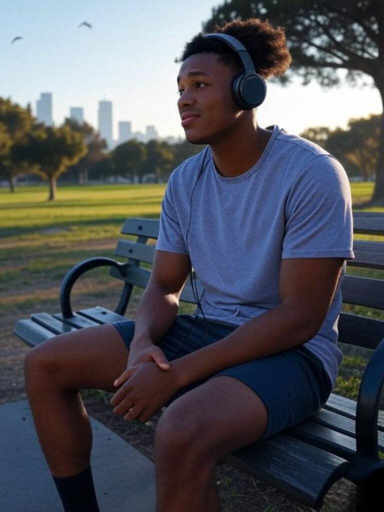 Park bench relax with workout headphones, dodging birds