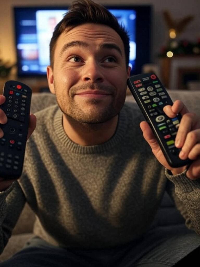 Goofy me fumbling with remotes, confused expression