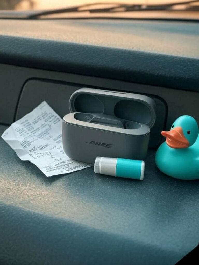 Vintage Bose case, receipt, melted balm, turquoise duck