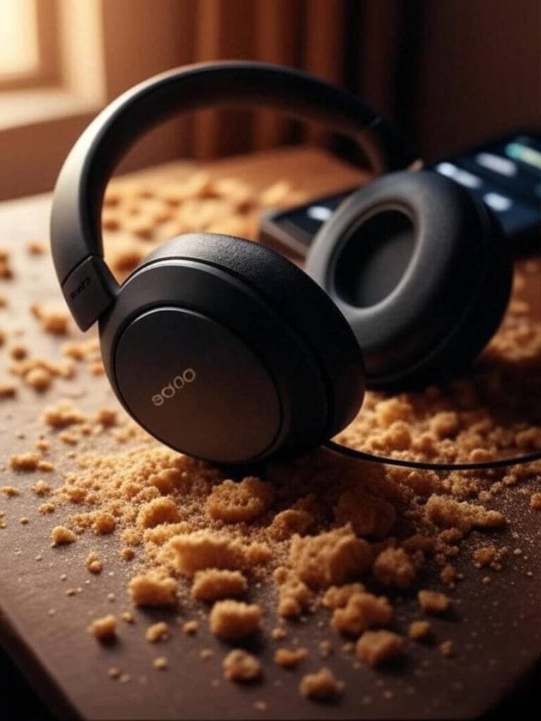 Chaotic desk with Sony WF-1000XM5, bagel crumbs