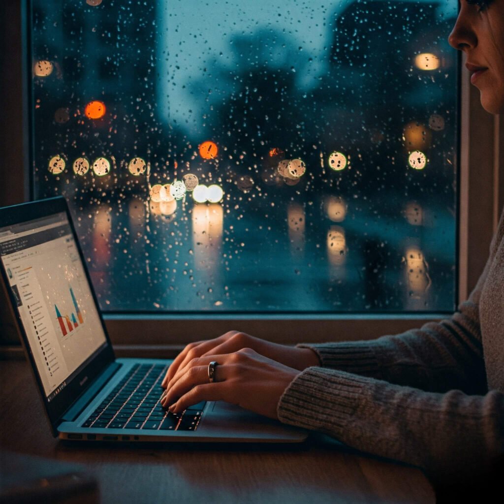 Smart ring and laptop on rainy Boston day.
