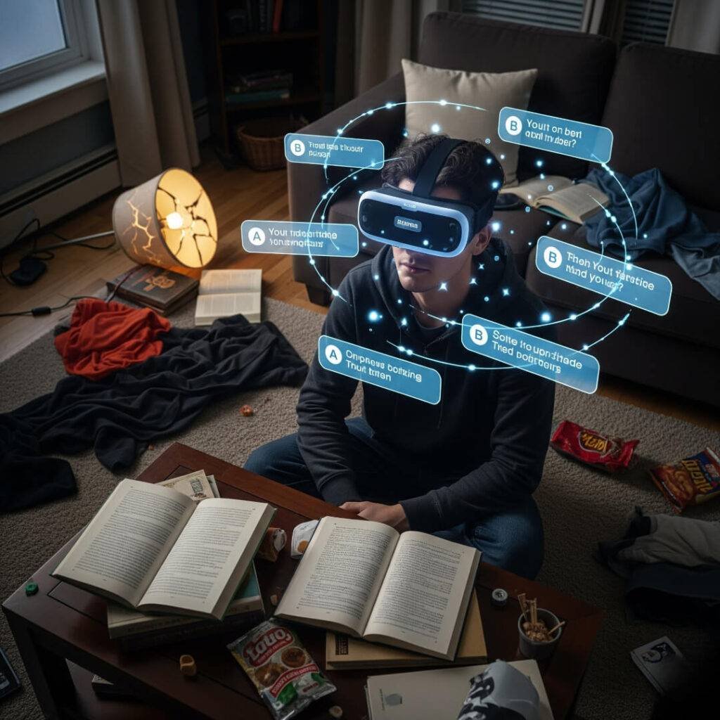 Gamer lost in VR world, messy room