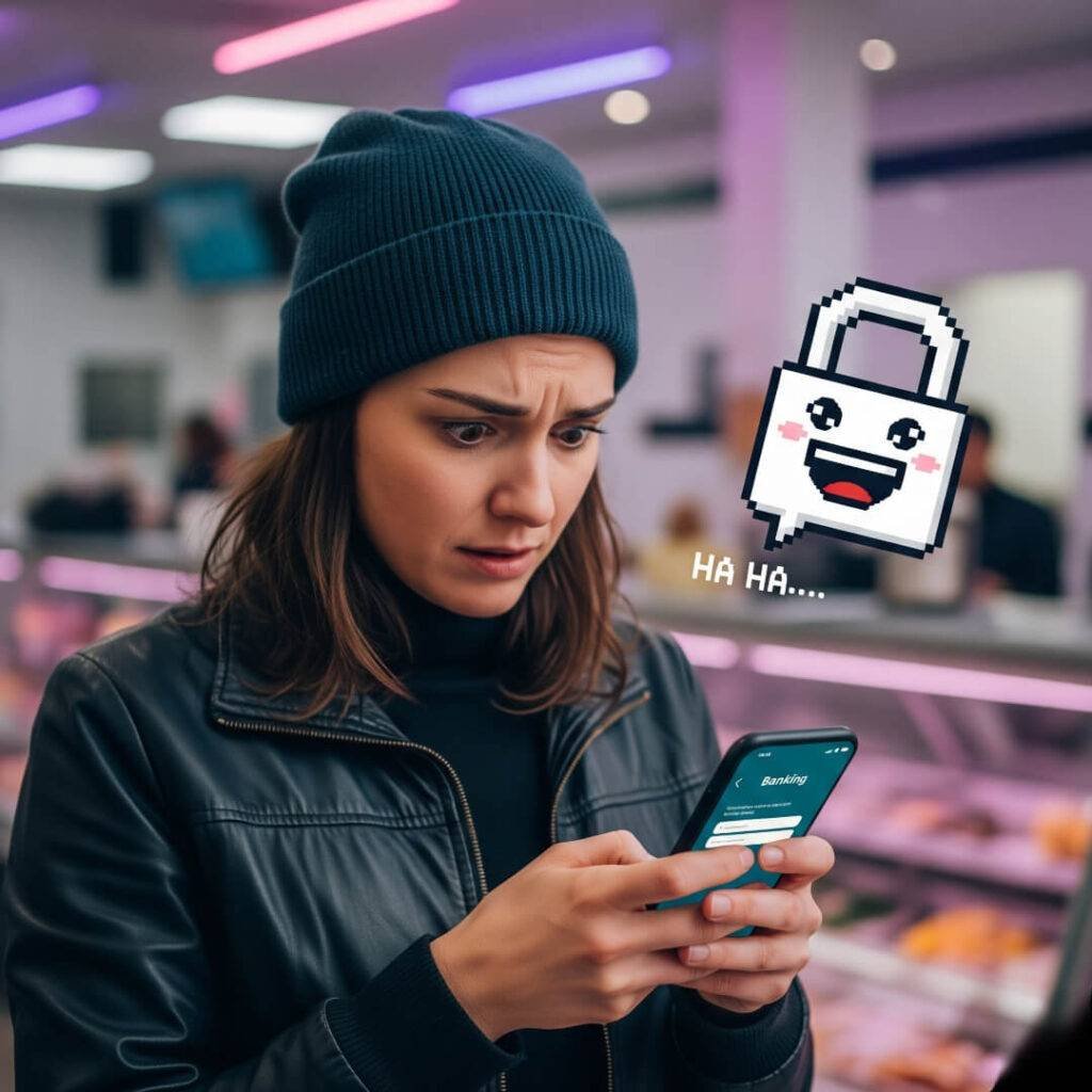 A frazzled person looking at a phone, with a padlock