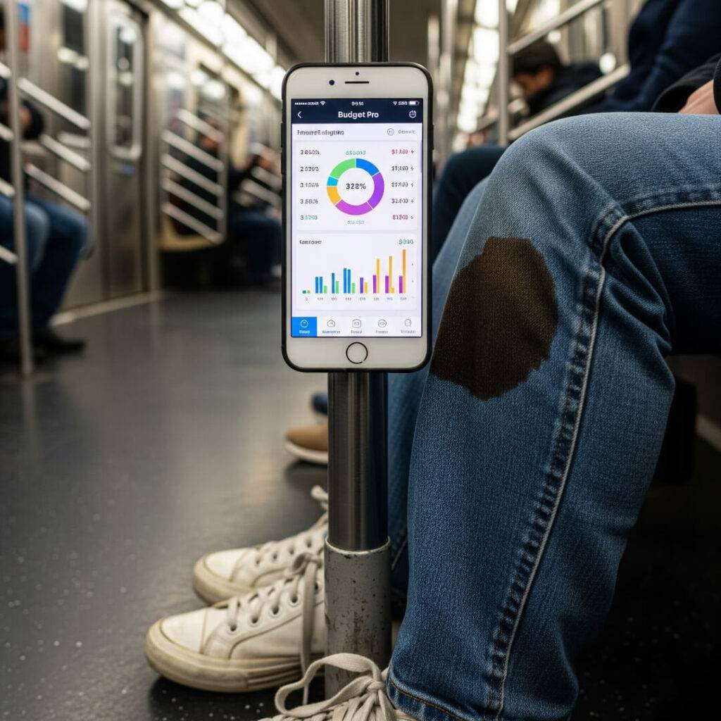 A budgeting app on an iPhone in a subway