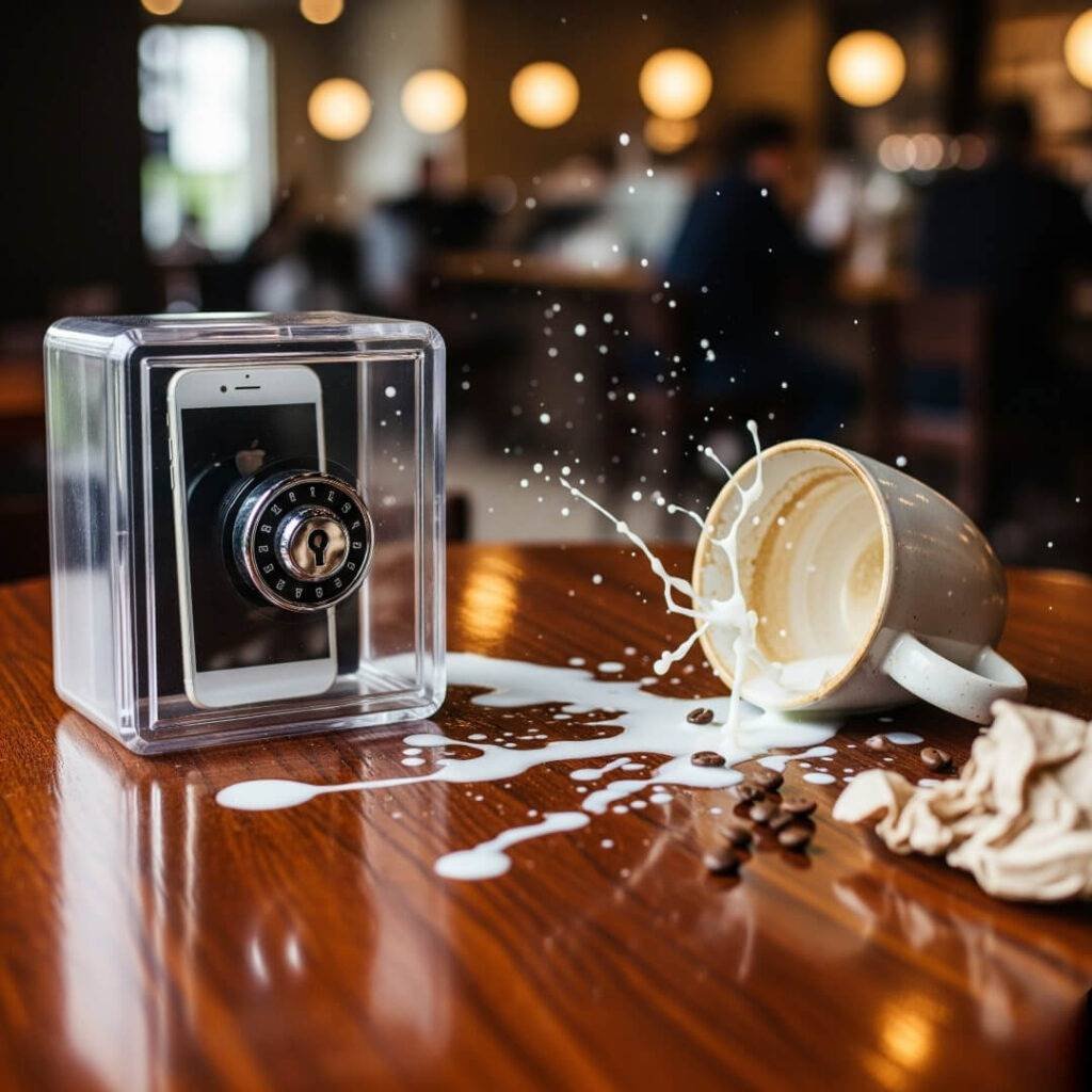 Safe iPhone on coffee shop table with spilled latte