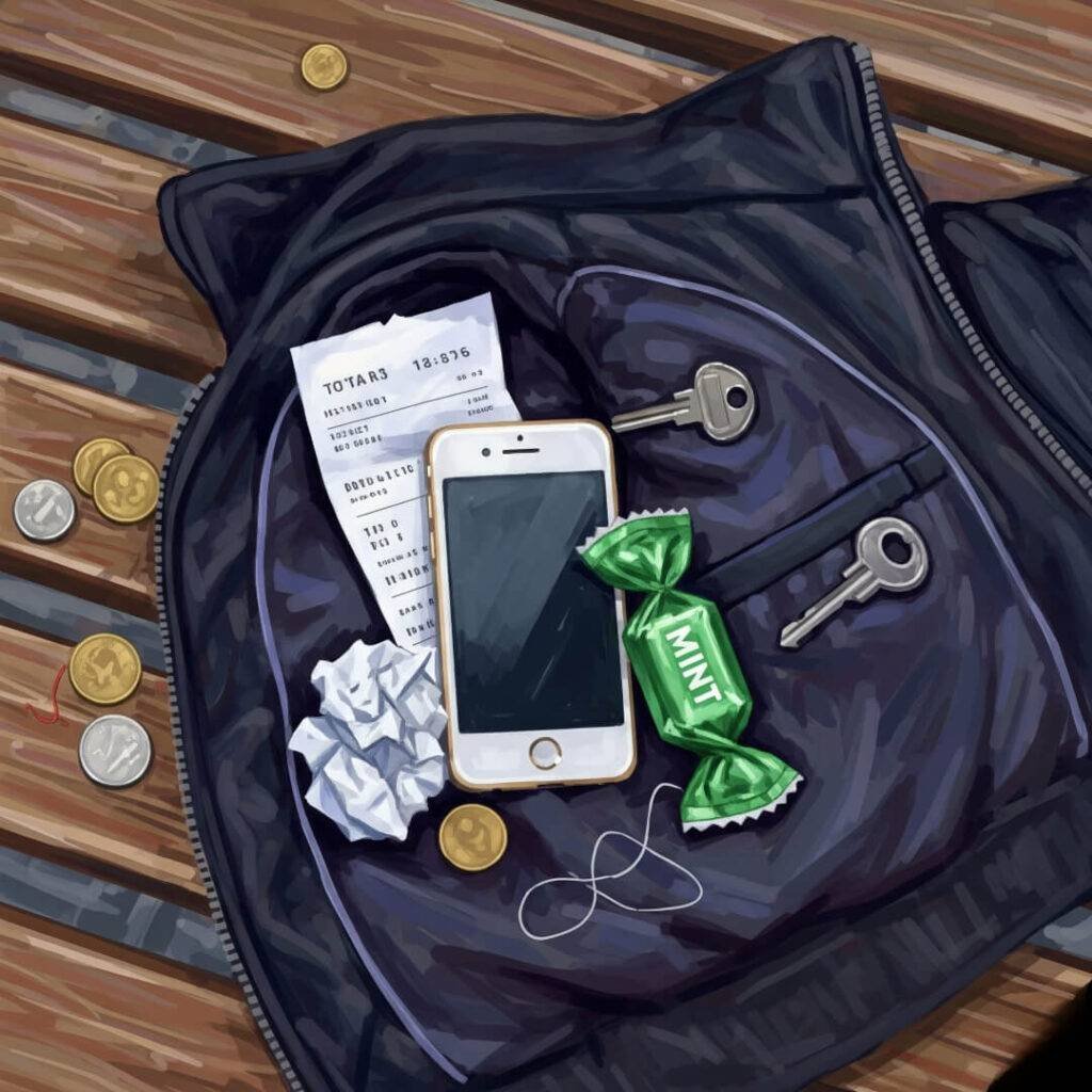 iPhone and pocket junk on a park bench