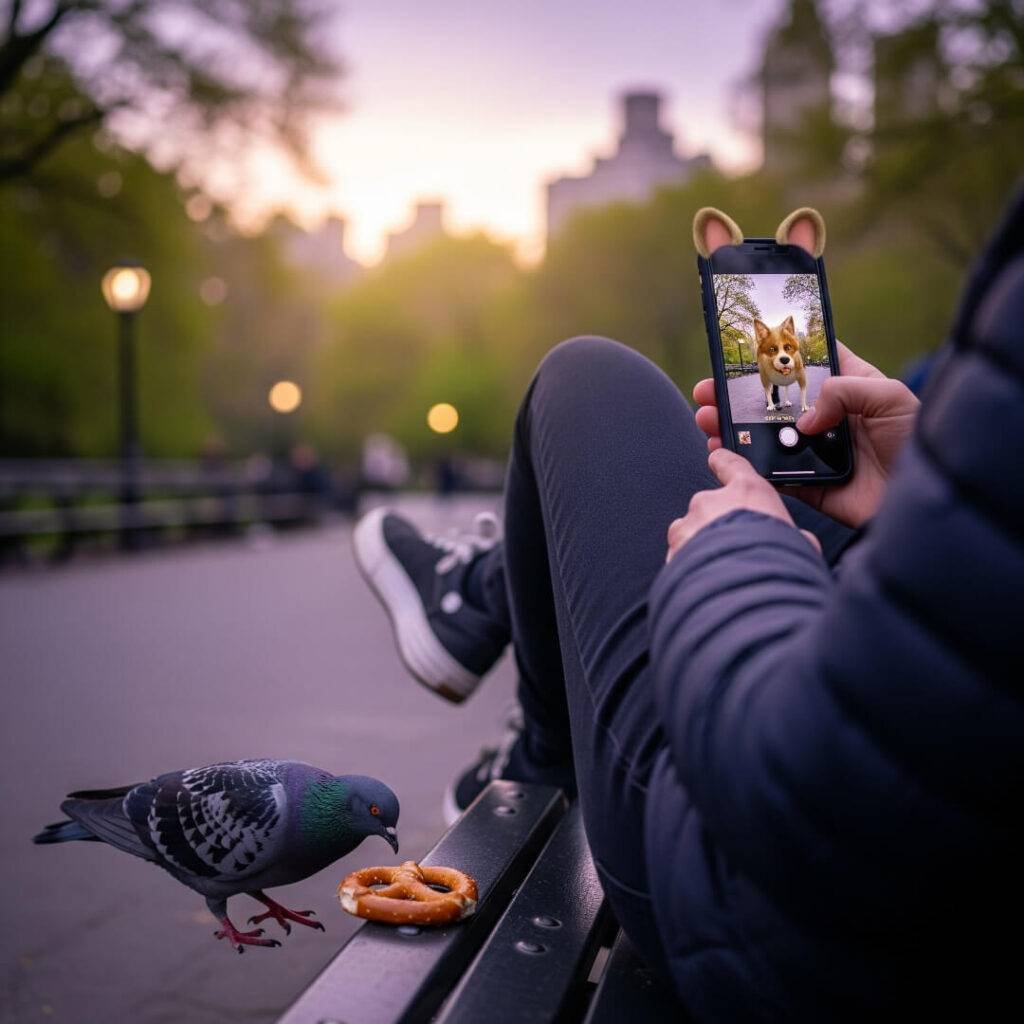 Slouched person, phone, AR pet, pigeon, pretzel