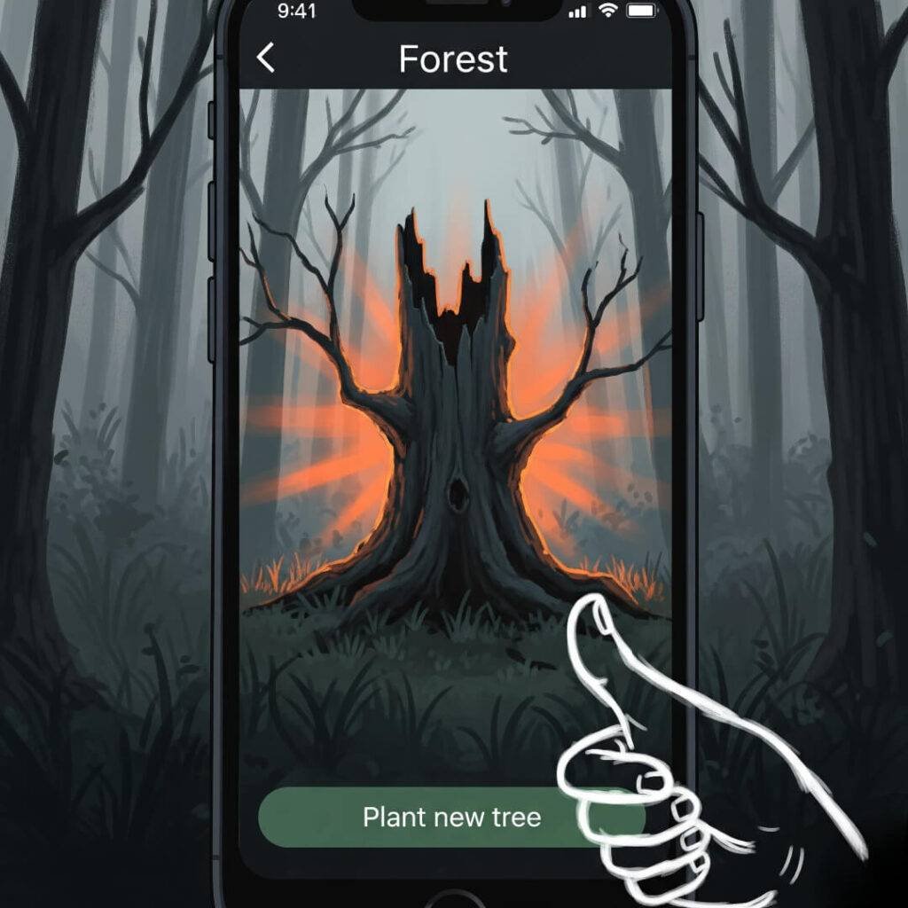 Painterly phone showing dead Forest tree with hovering thumb