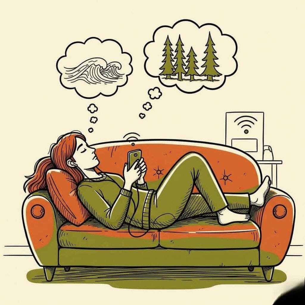 Man listening to a mental health app on a couch