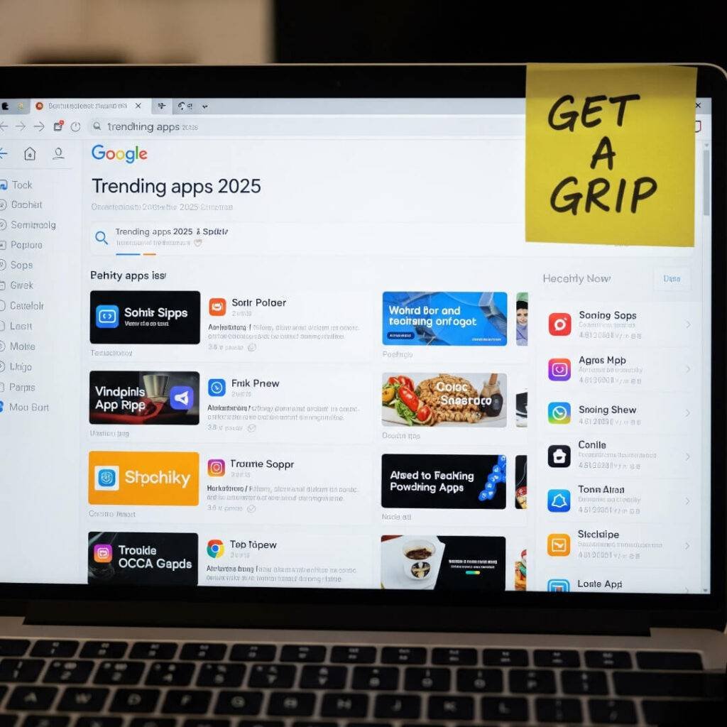 Laptop screen with a "trending apps 2025" search