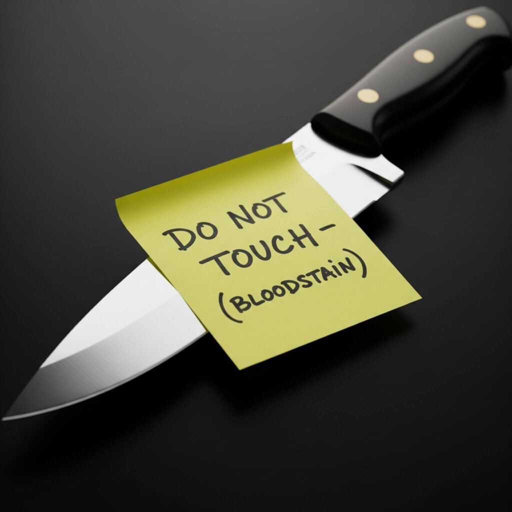 Alt Text for SEO Title:

Knife with "DO NOT TOUCH" Bloodstain Warning Post-it Note