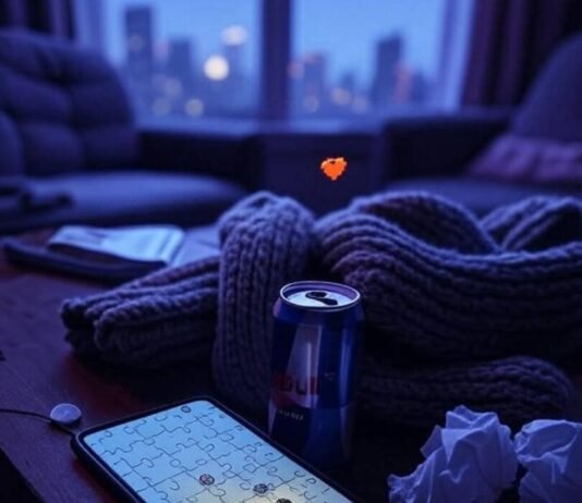 Why These Casual Games Are Taking Over Your Screen Time (And You’ll Love It!) Messy table, phone puzzle, Red Bull, scarf, 8-bit heart