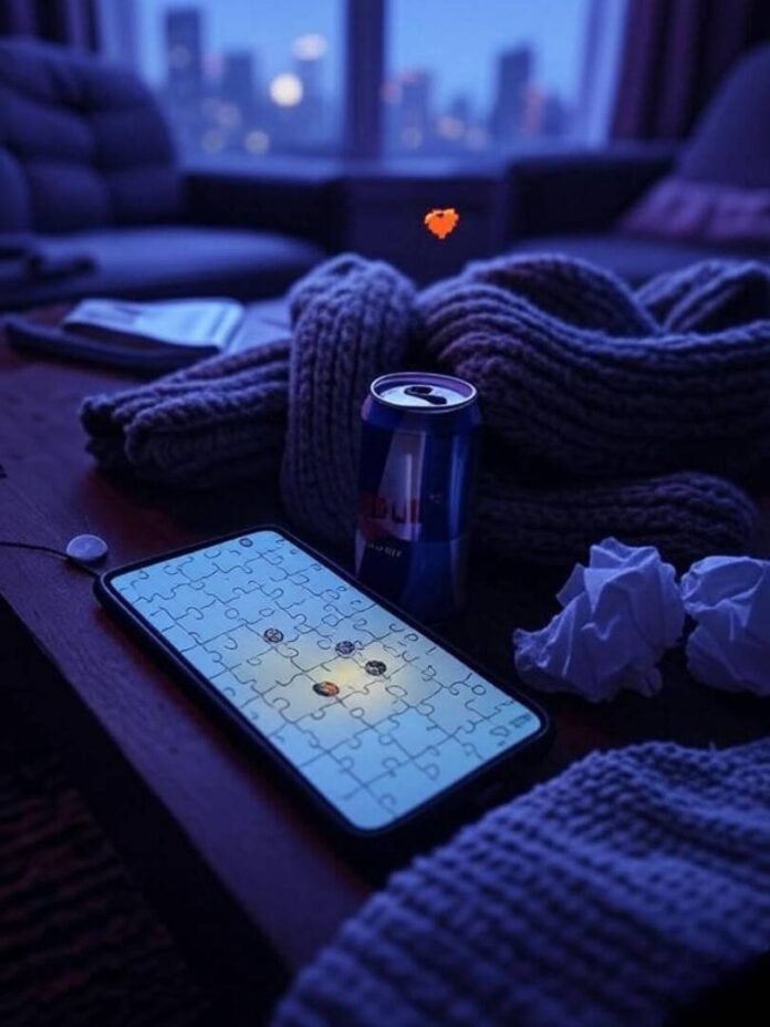 Messy table, phone puzzle, Red Bull, scarf, 8-bit heart