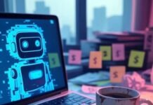 Free AI Tools to Make Money Cluttered Chicago desk, glitchy AI, coffee mug, dollars