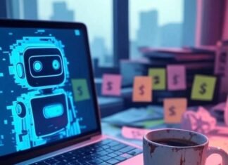 Free AI Tools to Make Money Cluttered Chicago desk, glitchy AI, coffee mug, dollars