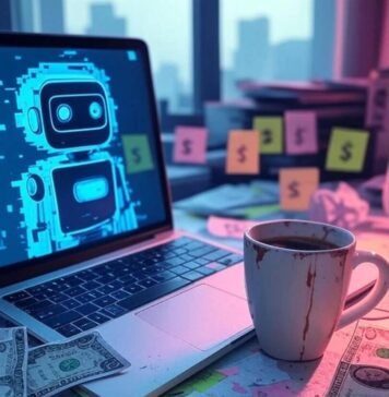 Free AI Tools to Make Money Cluttered Chicago desk, glitchy AI, coffee mug, dollars