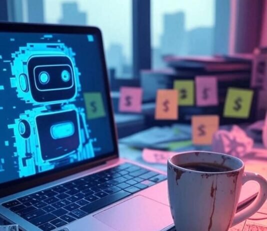 Free AI Tools to Make Money Cluttered Chicago desk, glitchy AI, coffee mug, dollars