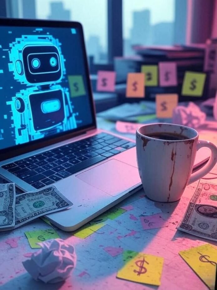 Cluttered Chicago desk, glitchy AI, coffee mug, dollars