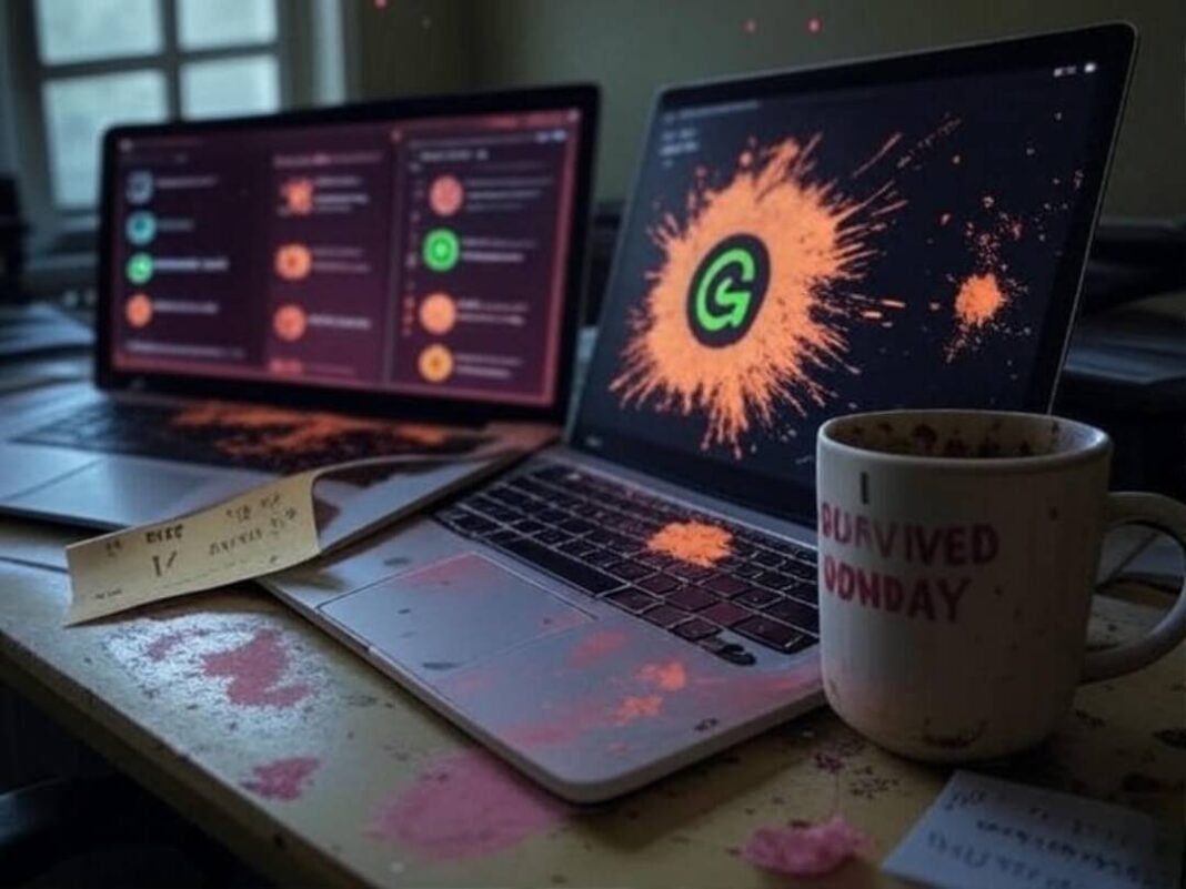 Messy desk, AI tools, mug, sticky note, sparkles