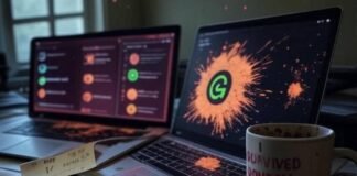 Free AI Tools for Office Work Messy desk, AI tools, mug, sticky note, sparkles