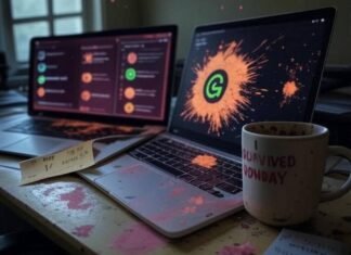 Free AI Tools for Office Work Messy desk, AI tools, mug, sticky note, sparkles