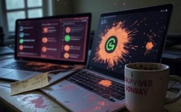 Free AI Tools for Office Work Messy desk, AI tools, mug, sticky note, sparkles