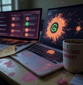 Free AI Tools for Office Work Messy desk, AI tools, mug, sticky note, sparkles