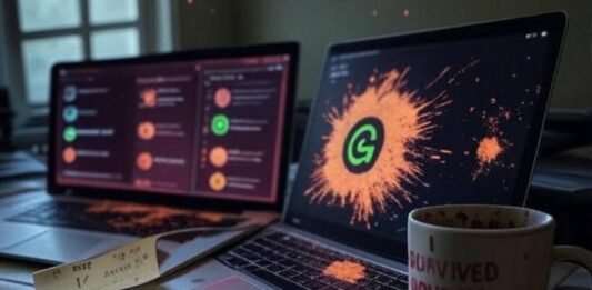 Free AI Tools for Office Work Messy desk, AI tools, mug, sticky note, sparkles