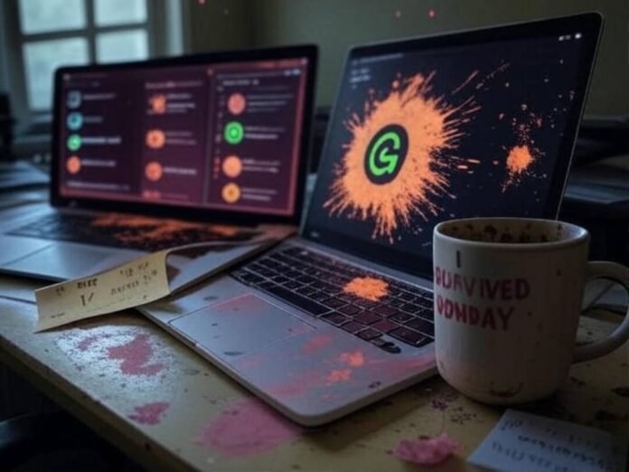 Messy desk, AI tools, mug, sticky note, sparkles