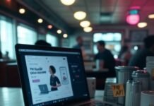 Free AI Tools for Marketing Cluttered diner desk, AI ad, quirky mug, glitchy vibe
