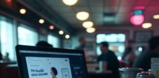 Free AI Tools for Marketing Cluttered diner desk, AI ad, quirky mug, glitchy vibe