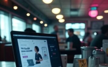 Free AI Tools for Marketing Cluttered diner desk, AI ad, quirky mug, glitchy vibe