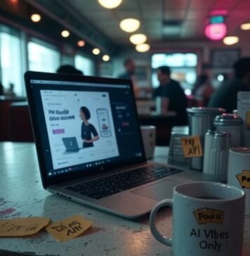 Free AI Tools for Marketing Cluttered diner desk, AI ad, quirky mug, glitchy vibe