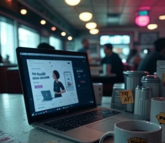 Free AI Tools for Marketing Cluttered diner desk, AI ad, quirky mug, glitchy vibe