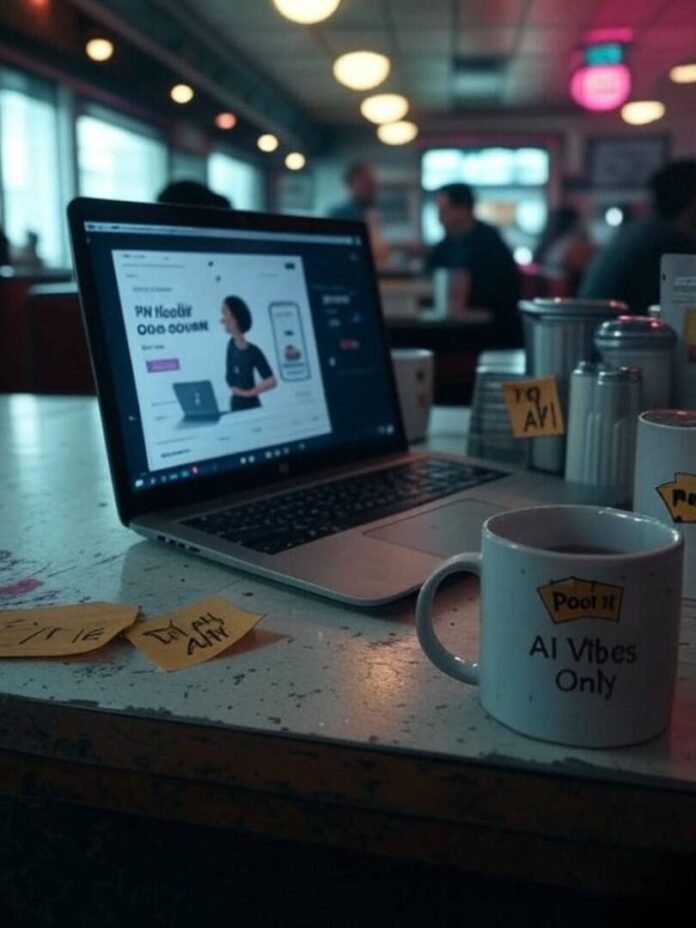 Cluttered diner desk, AI ad, quirky mug, glitchy vibe Cluttered diner desk, AI ad, quirky mug, glitchy vibe